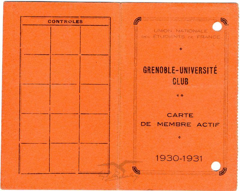 תעודת חבר פעיל של עמנואל צוקרברג במועדון אוניברסיטת גרנובל (GRENOBLE-UNIVERITÉ CLUB) לשנת 1930-1931. 