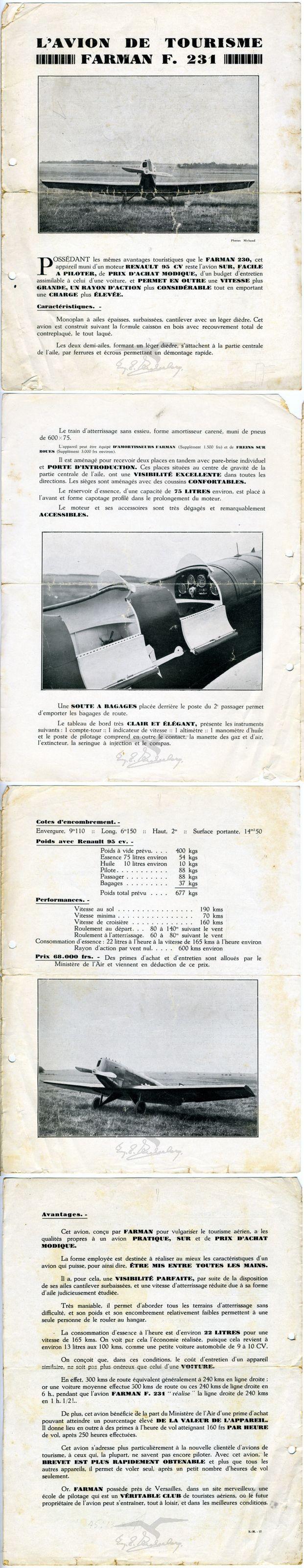 חוברת פרסומת למטוס אזרחי דו מושבי מתוצרת רנו: L'AVION DE TOURISME, FARMAN F. 231