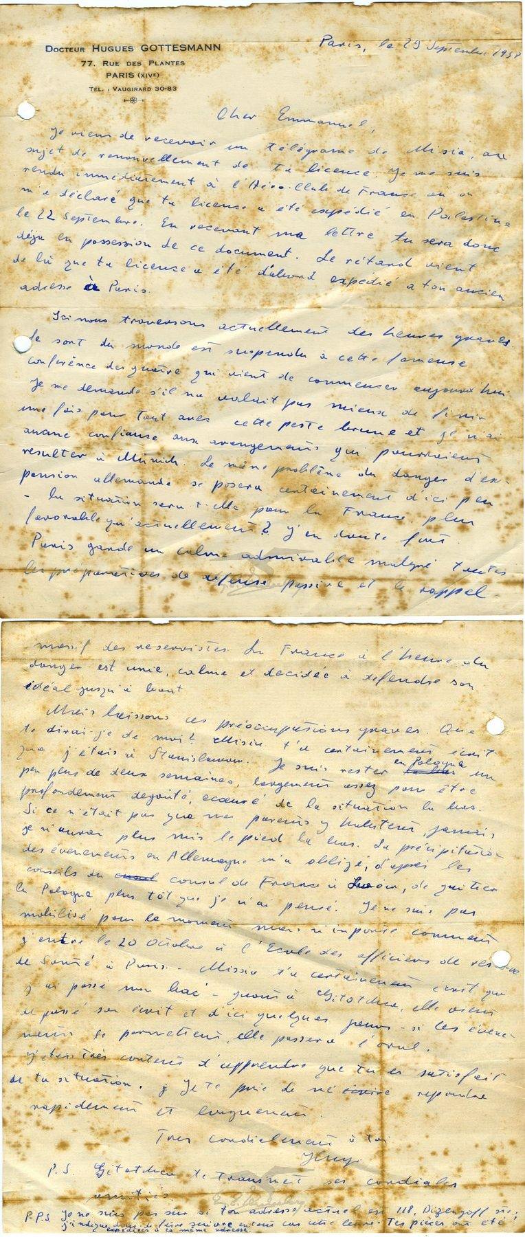 מכתב מדוקטור הוגו גוטסמן, פריס, לעמנואל צוקרברג, תל אביב