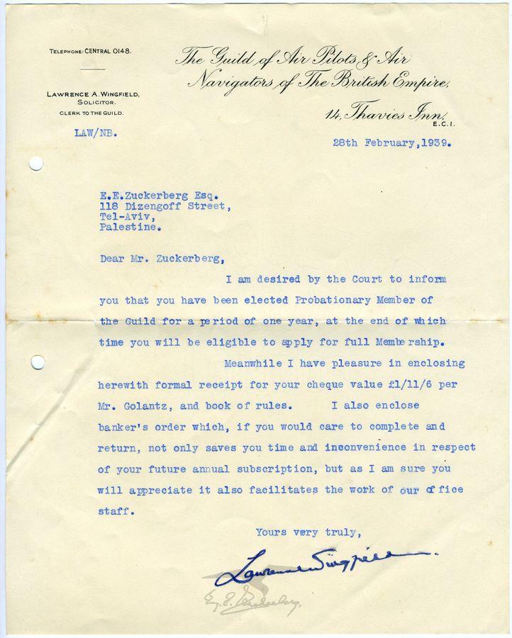 מכתב מגילדת הטייסים והנווטים הבריטיים אל עמנואל צוקרברג, תל אביב