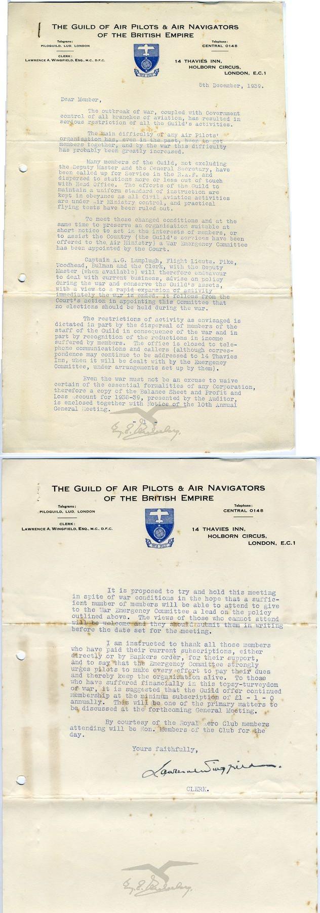מכתב מגילדת הטייסים והנווטים הבריטיים אל עמנואל צור