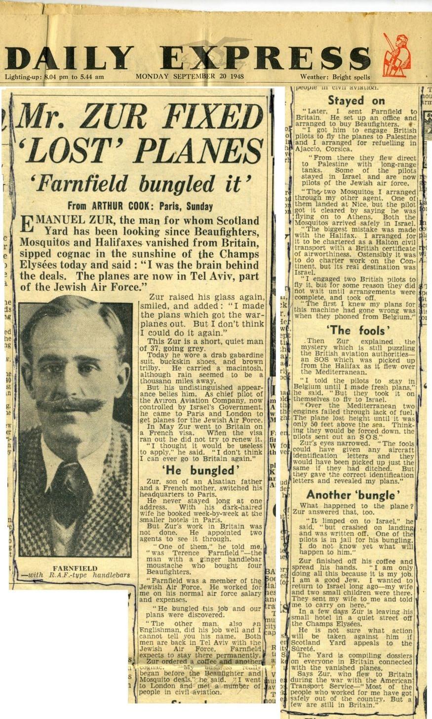 כתבתו של ארתור קוק ב-Daily Express, החושפת כי עמנואל צור עמד מאחורי הברחת המטוסים. 