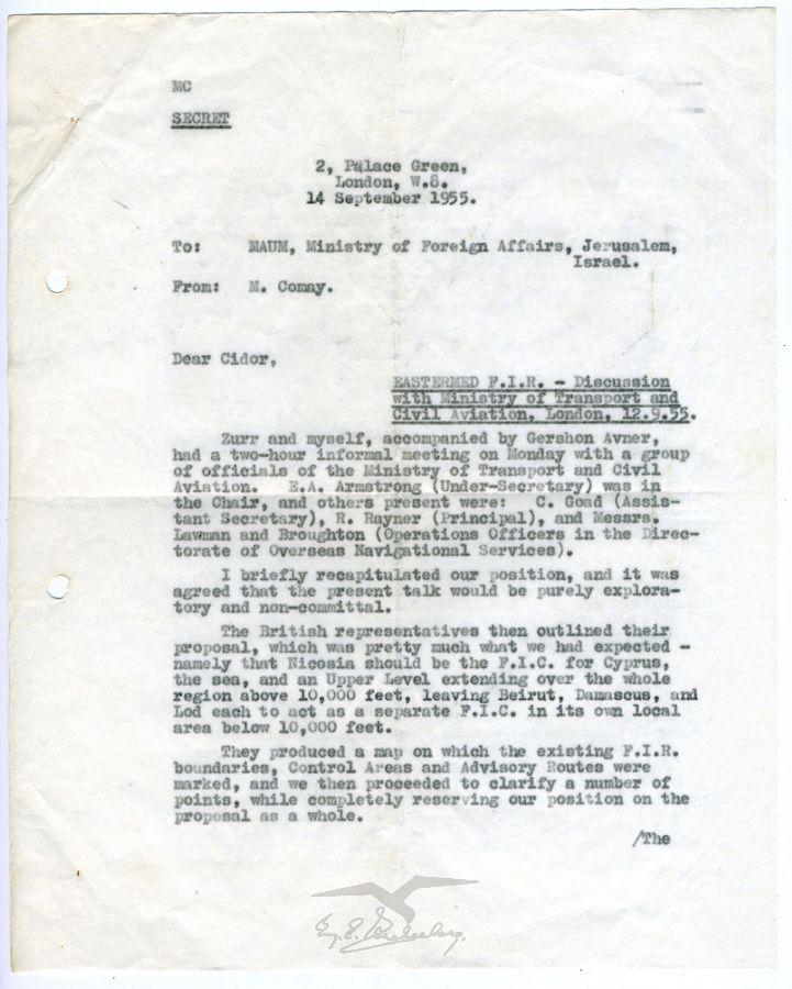 מכתב מק.ס. קומי (M.S. Comay), מחלקת התעופה האזרחית, לונדון, לנחום, משרד החוץ, ישראל