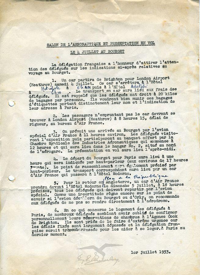 סדרי הגעה והשתתפות בסלון האווירי בלה-בורז'ה, צרפת ב-4  וב-5 ביולי, 1953