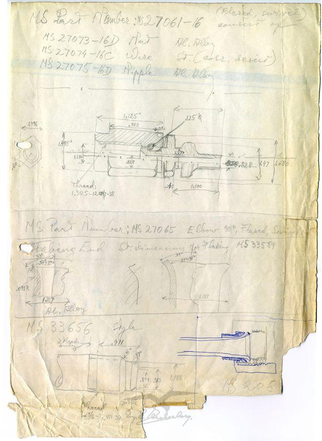 תכנית-שרטוט בכתב ידו של עמנואל צור להרכבת חלק ממטוס